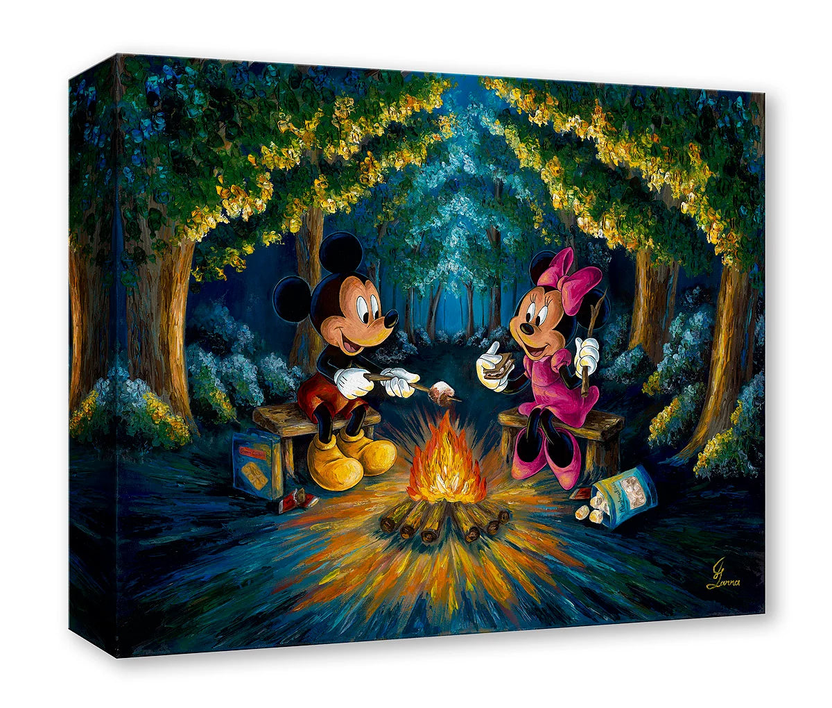 Mickey Mouse and Minnie Mouse Fall Walt Disney Fine Art Jennifer Lanna Limited Edition of 1500 TOC Treasures on Canvas Print "S'mores Time"