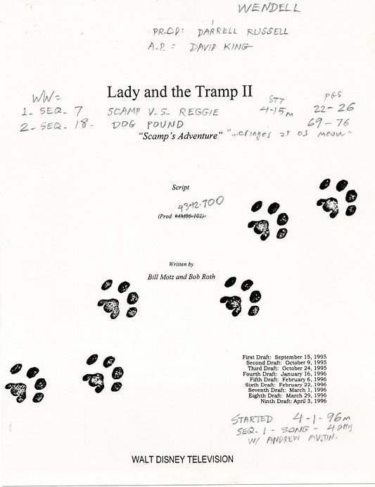 Lady and the Tramp II Disney Production Script Copy with DRAWINGS on many pages 2001 from Wendell Washer Animator Estate