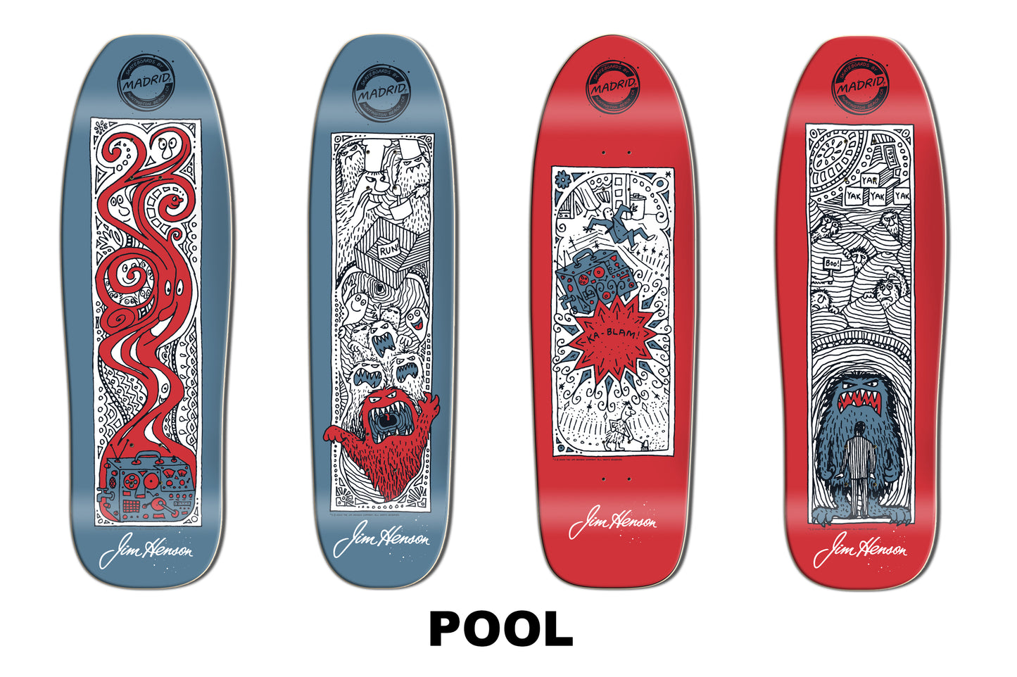 JIM HENSON Doodles Collection Madrid Skateboard FULL SET OF FOUR DECKS - Street or Retro Pool