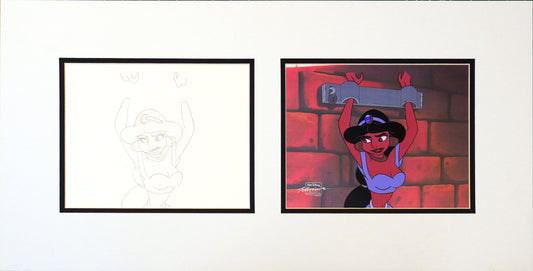 Aladdin Jasmine Walt Disney Cartoon Production Animation Cel and Drawing from 1994 Return of Jafar Matted 12 C-A