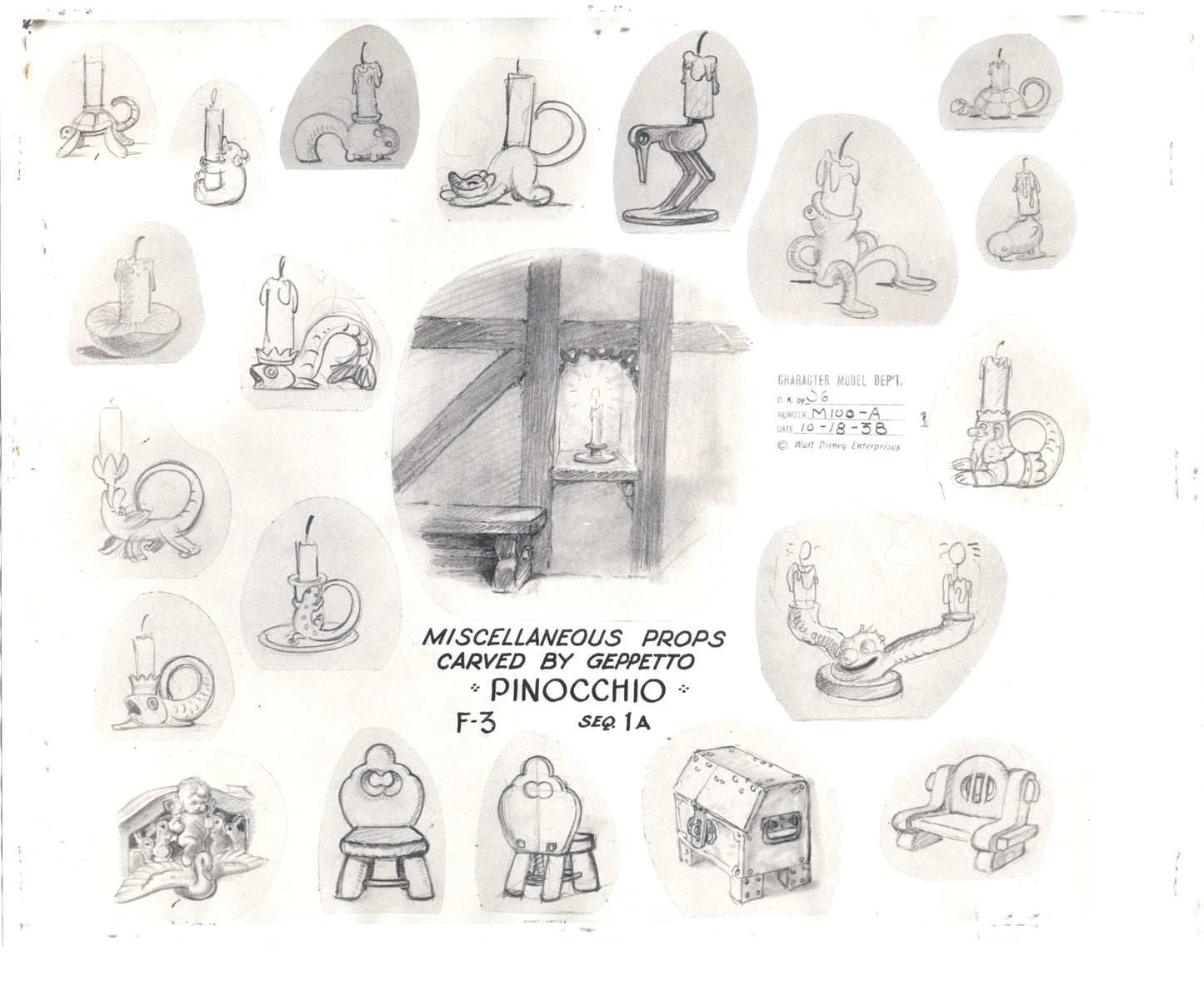 Pinocchio Walt Disney Litho Production Animation Model Sheet 1930s Carvings