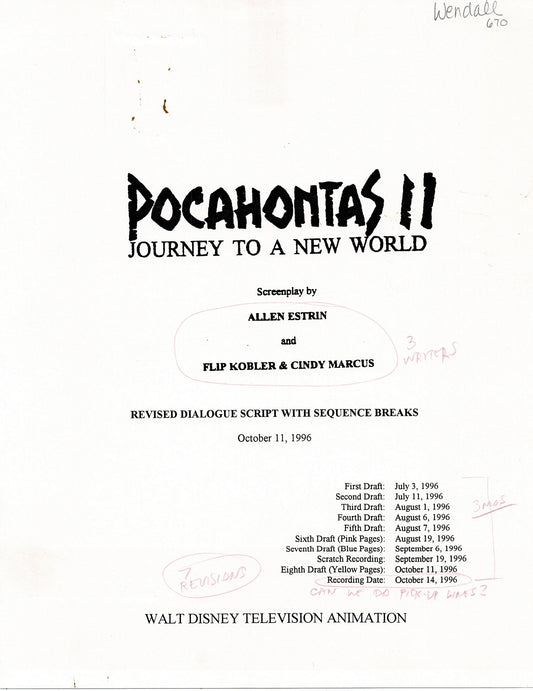 Pocahontas 2 Walt Disney Production Script Copy With Drawings 1996 Wendell Washer Estate