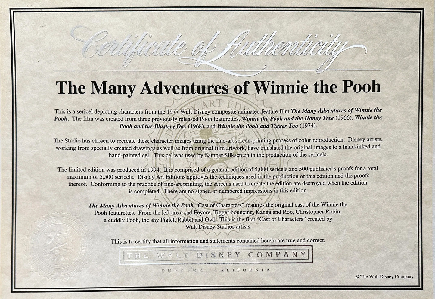 Winnie the Pooh Animation Sericel from the Walt Disney Store Original Stock Matted 1994 C-A