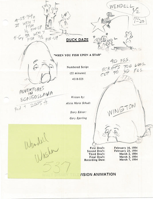 Quack Pack Disney Production Animation Script Copy WITH MANY DRAWINGS from Animator Wendell Washer's Estate 1996 wus