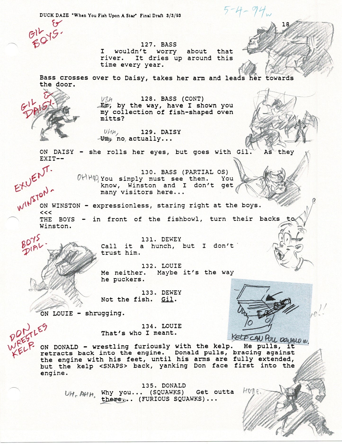 Quack Pack Disney Production Animation Script Copy WITH MANY DRAWINGS from Animator Wendell Washer's Estate 1996 wus