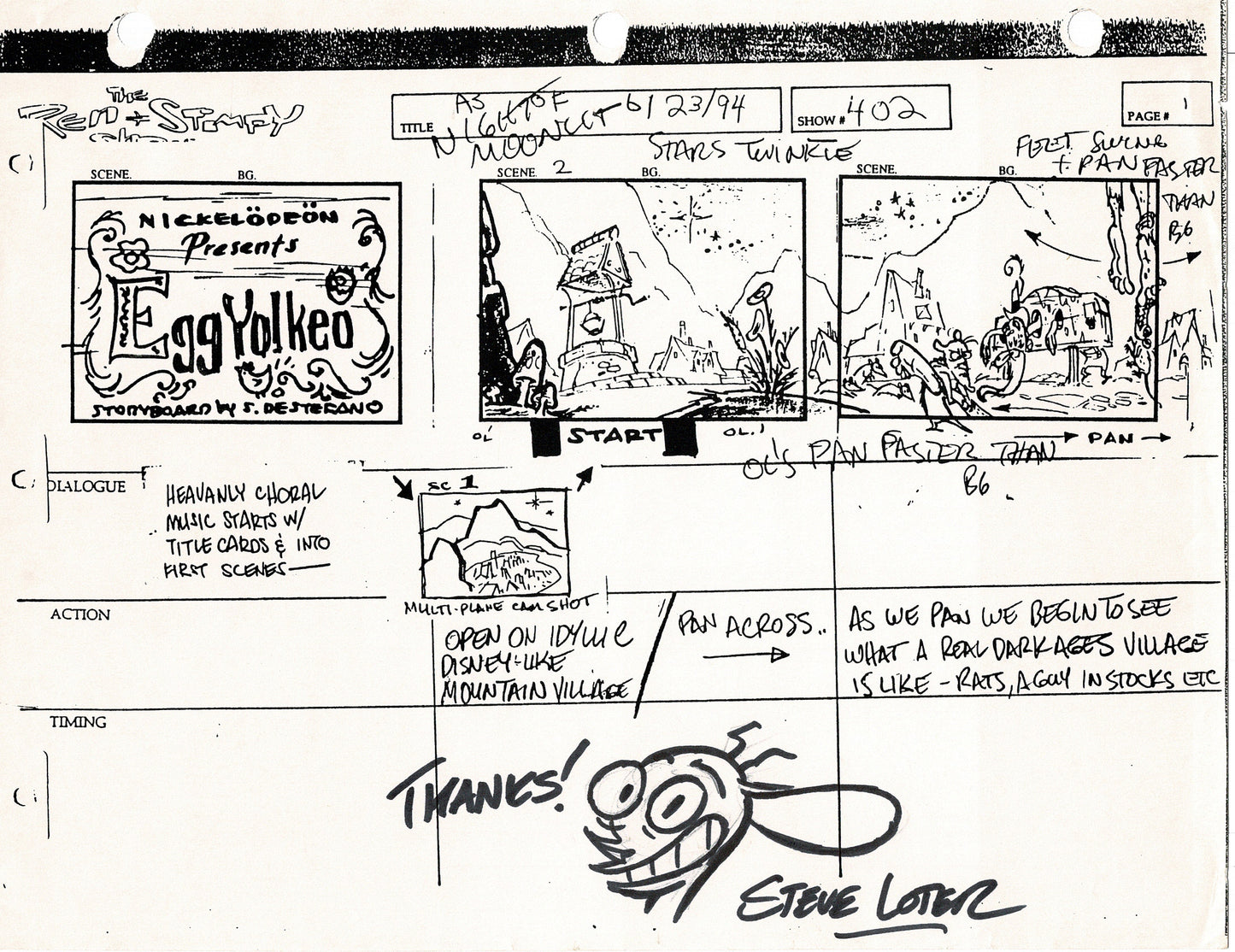 Ren and Stimpy Production Storyboard Copy Lot 87 Pgs with Sketch and Signed Nickelodeon 1994 Egg Yolkeo