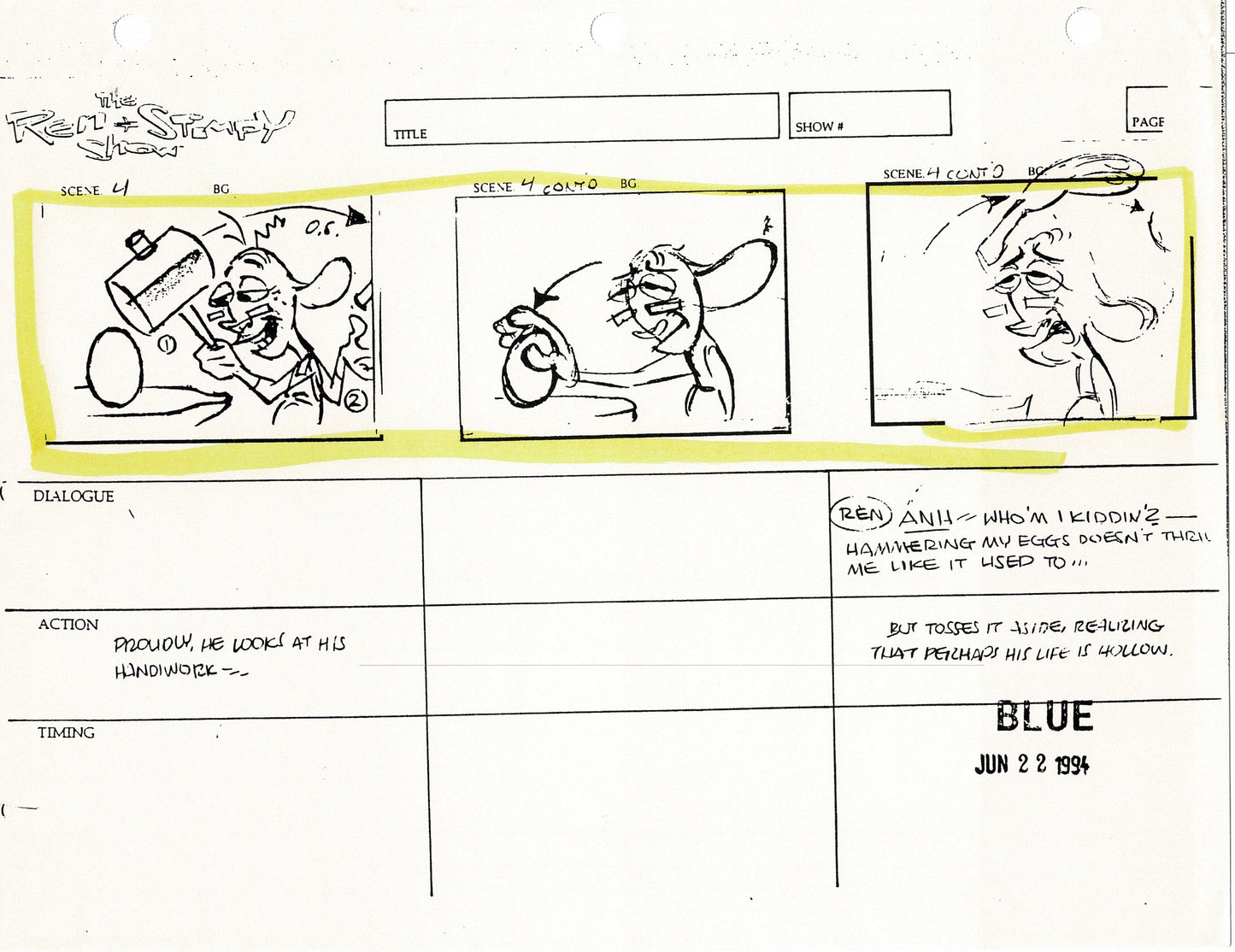 Ren and Stimpy Production Storyboard Copy Lot 87 Pgs with Sketch and Signed Nickelodeon 1994 Egg Yolkeo