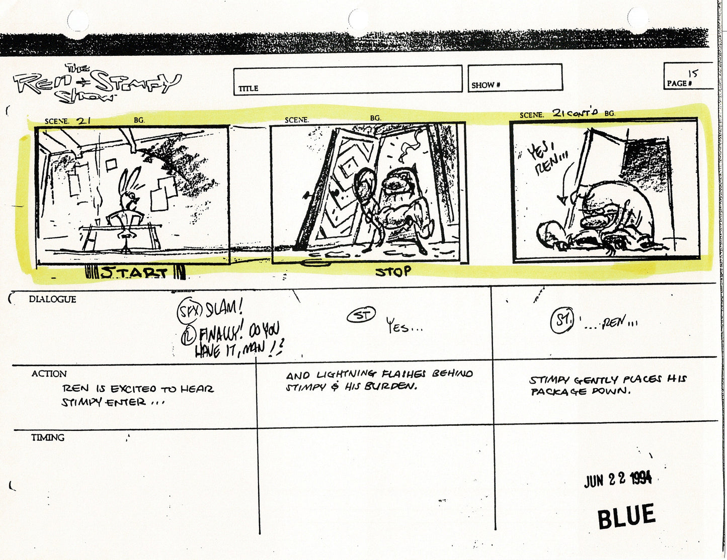 Ren and Stimpy Production Storyboard Copy Lot 87 Pgs with Sketch and Signed Nickelodeon 1994 Egg Yolkeo