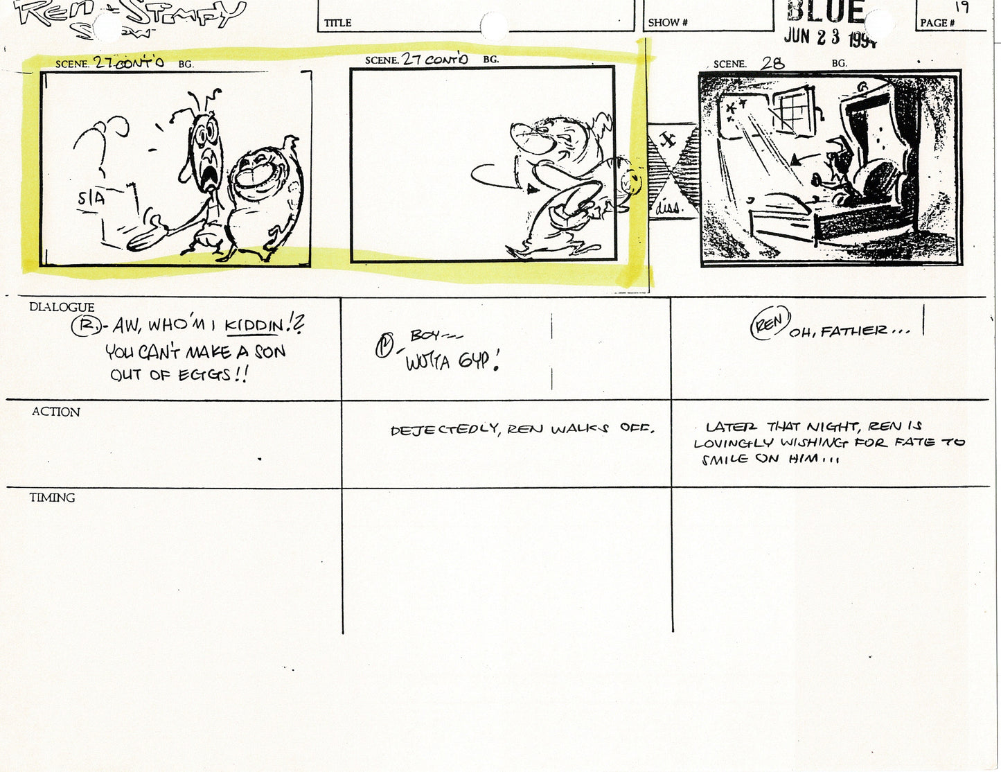 Ren and Stimpy Production Storyboard Copy Lot 87 Pgs with Sketch and Signed Nickelodeon 1994 Egg Yolkeo