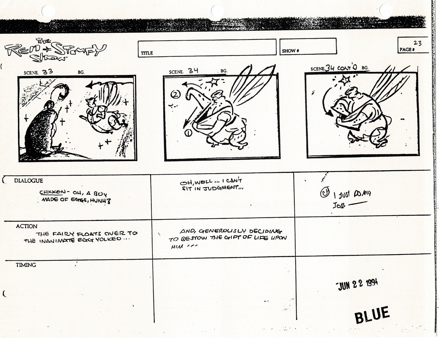 Ren and Stimpy Production Storyboard Copy Lot 87 Pgs with Sketch and Signed Nickelodeon 1994 Egg Yolkeo