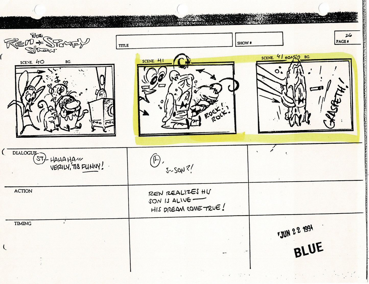 Ren and Stimpy Production Storyboard Copy Lot 87 Pgs with Sketch and Signed Nickelodeon 1994 Egg Yolkeo
