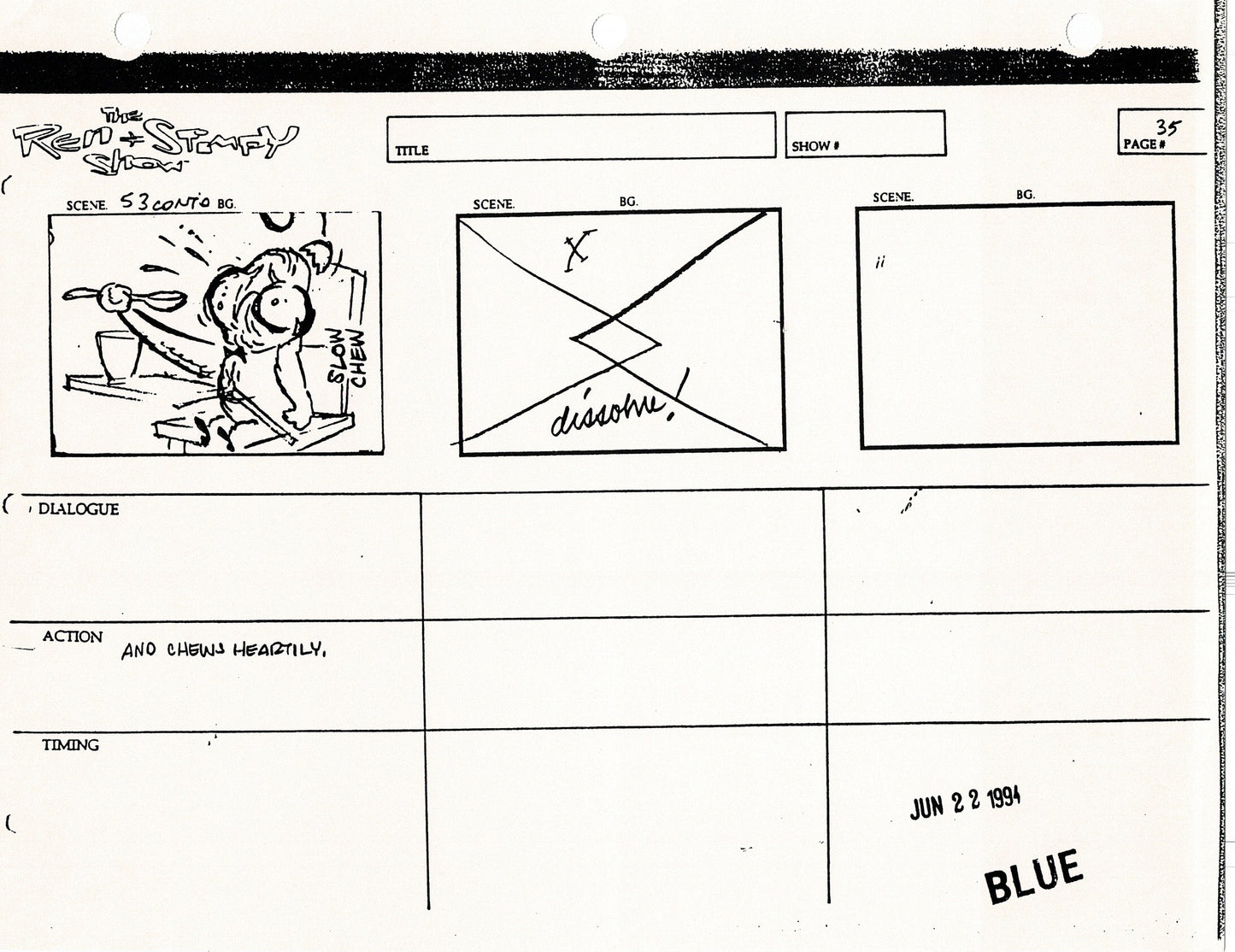 Ren and Stimpy Production Storyboard Copy Lot 87 Pgs with Sketch and Signed Nickelodeon 1994 Egg Yolkeo