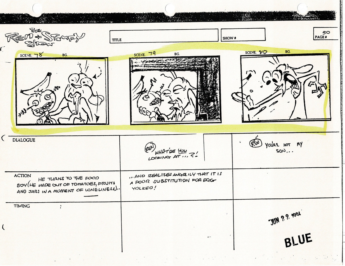 Ren and Stimpy Production Storyboard Copy Lot 87 Pgs with Sketch and Signed Nickelodeon 1994 Egg Yolkeo