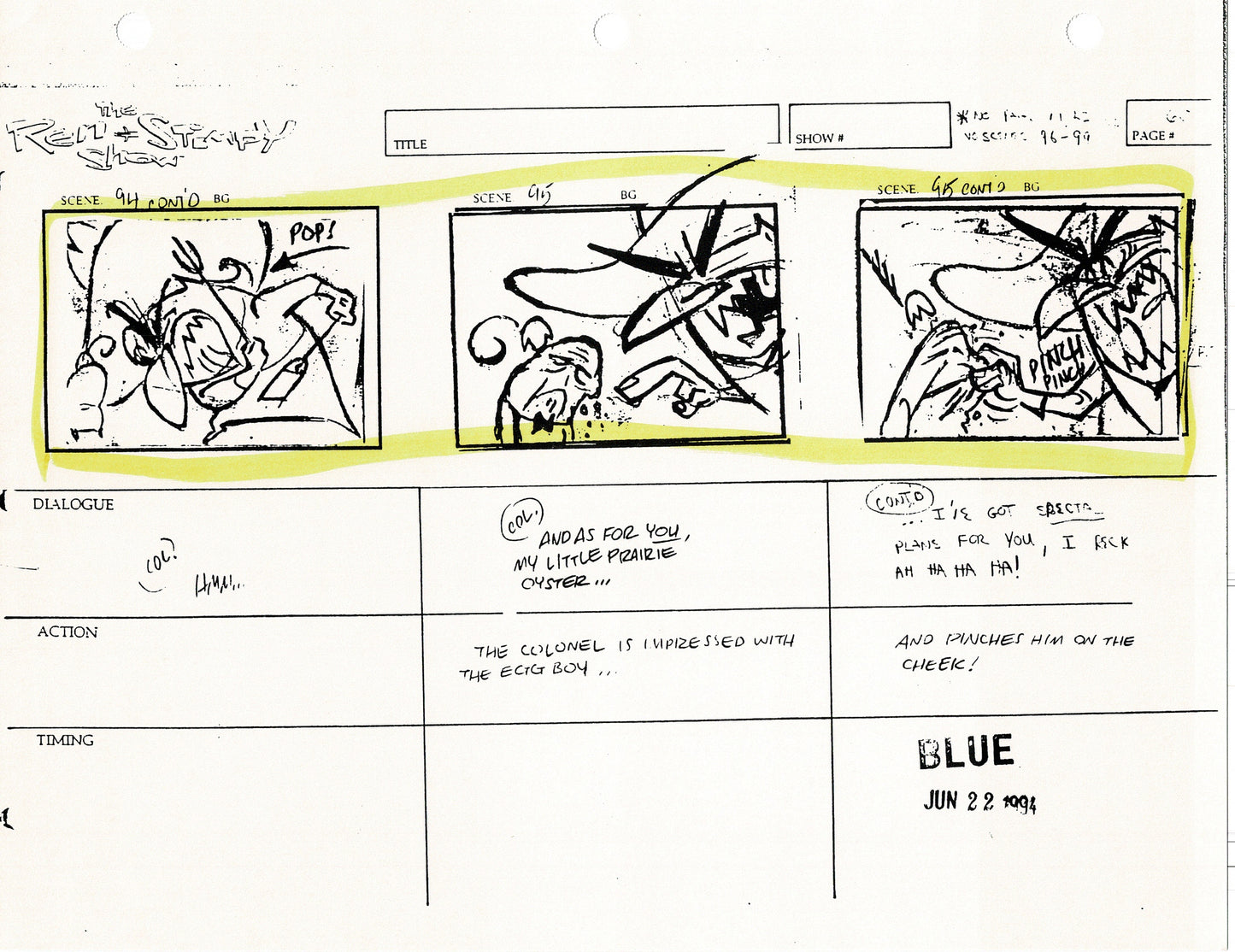 Ren and Stimpy Production Storyboard Copy Lot 87 Pgs with Sketch and Signed Nickelodeon 1994 Egg Yolkeo