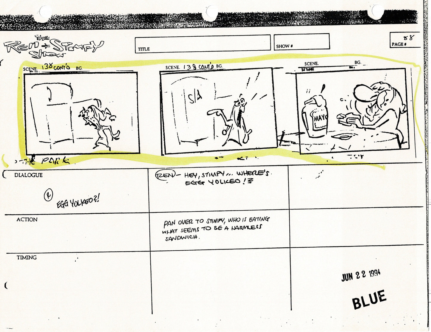 Ren and Stimpy Production Storyboard Copy Lot 87 Pgs with Sketch and Signed Nickelodeon 1994 Egg Yolkeo