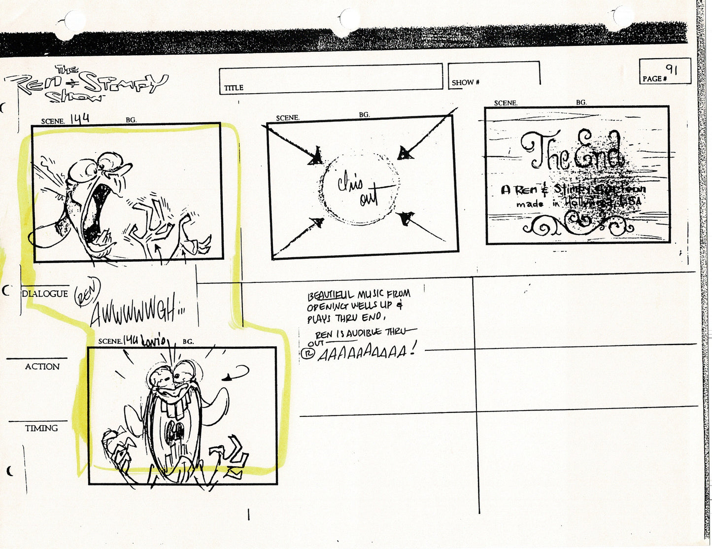 Ren and Stimpy Production Storyboard Copy Lot 87 Pgs with Sketch and Signed Nickelodeon 1994 Egg Yolkeo