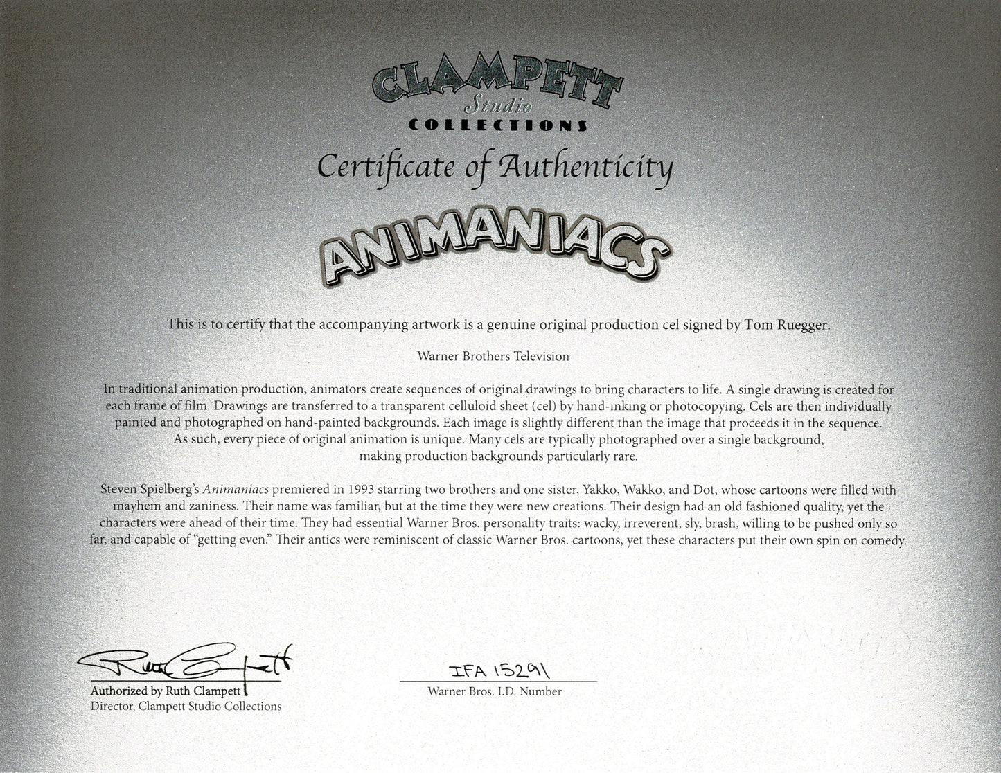 ANIMANIACS! Original Production Animation Cel Warner Brothers 1993-8 SIGNED by Animaniacs Creator Tom Ruegger Slappy Squirrel Theme Song