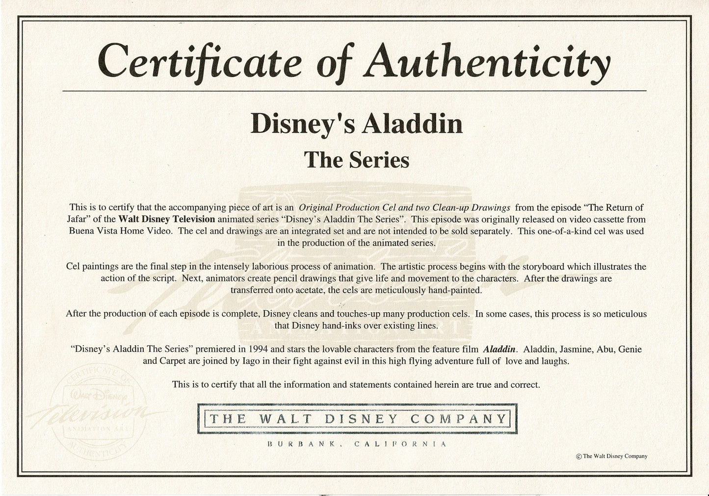 Aladdin and Iago Walt Disney Production Art Animation Cel and Drawings from 1994 Return of Jafar 4 C-A