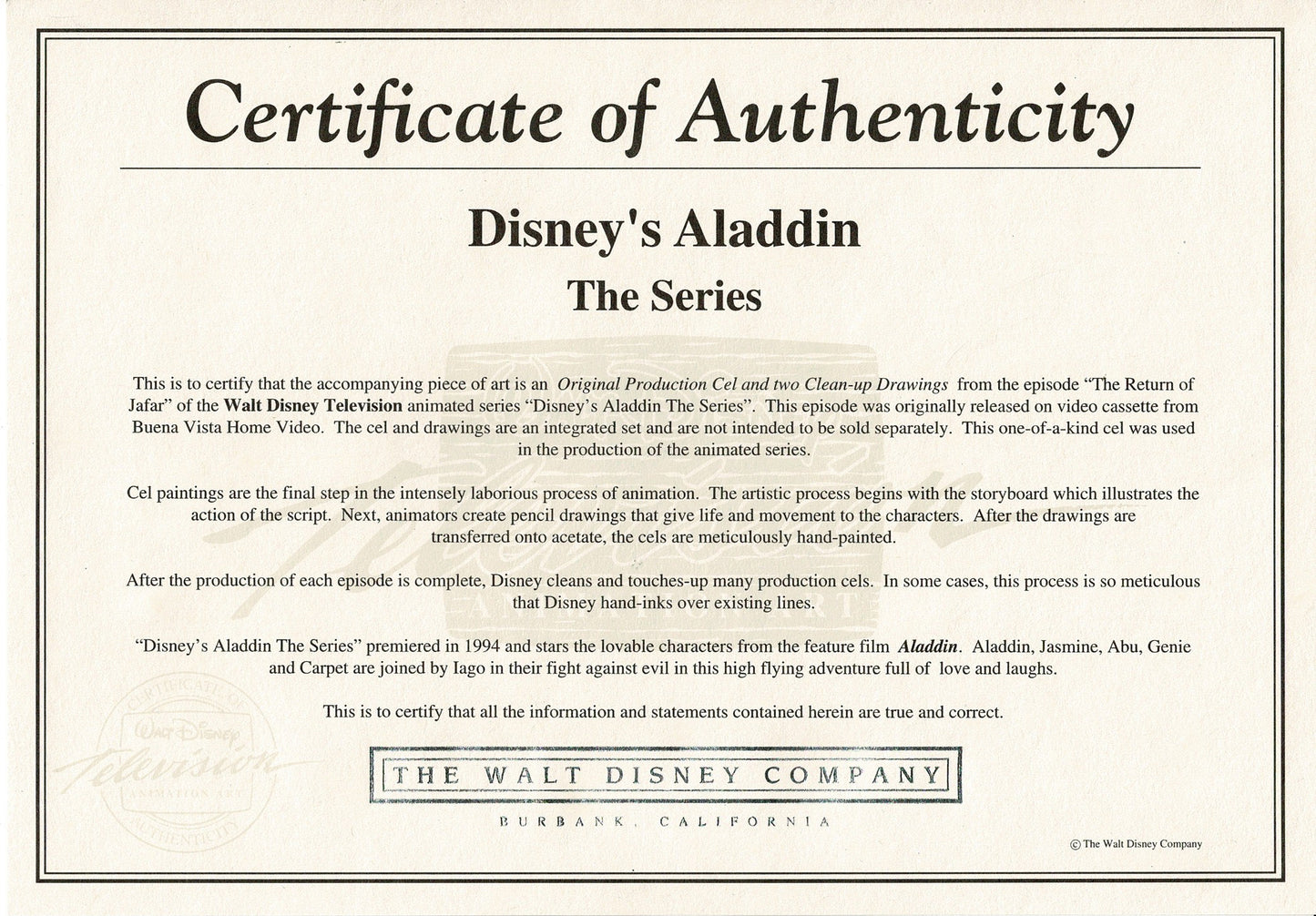 Aladdin The Genie and Jasmine Walt Disney Production Animation Cel and Drawings from 1994 Return of Jafar 5 C-A