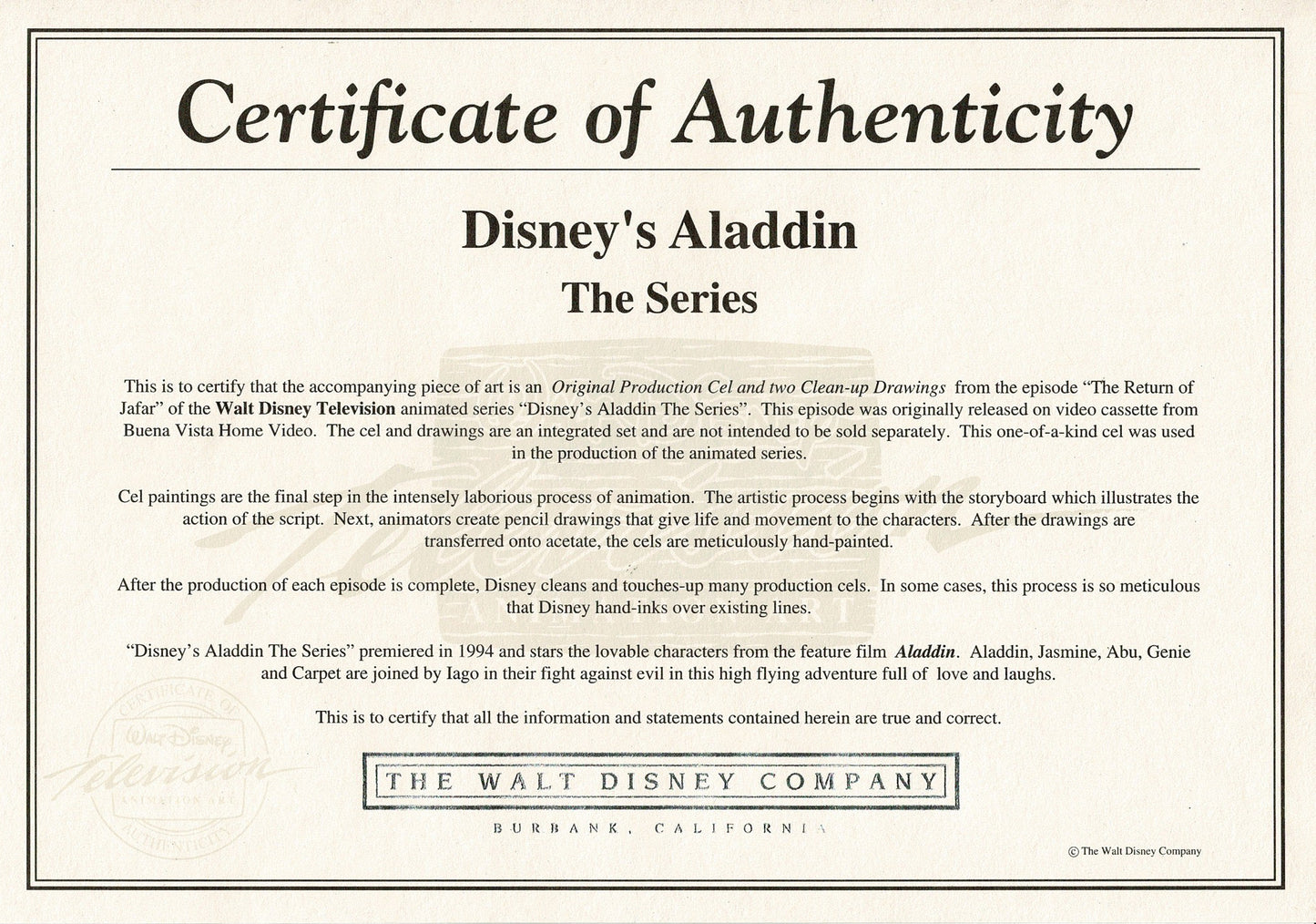 Aladdin The Genie and Jasmine Walt Disney Production Animation Cel and Drawings from 1994 Return of Jafar Framed 2 C-A