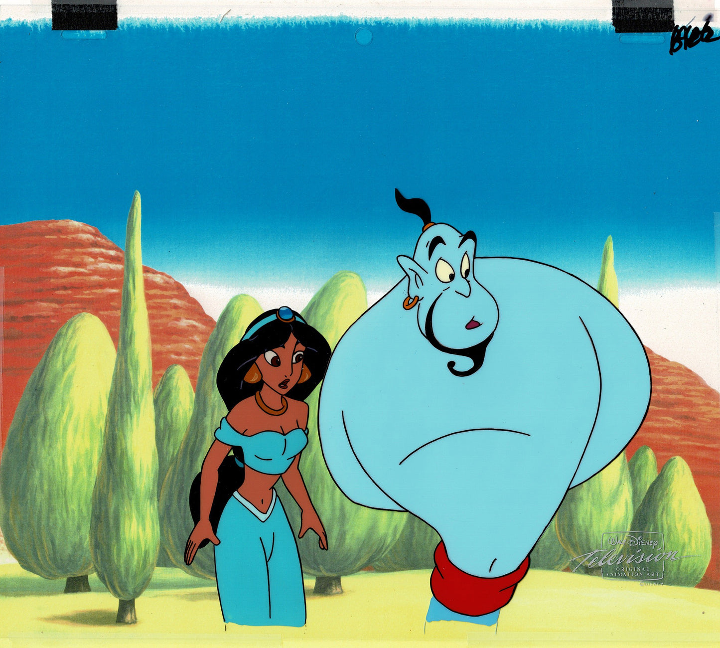 Aladdin The Genie and Jasmine Walt Disney Production Animation Cel and Drawings from 1994 Return of Jafar Framed 2 C-A