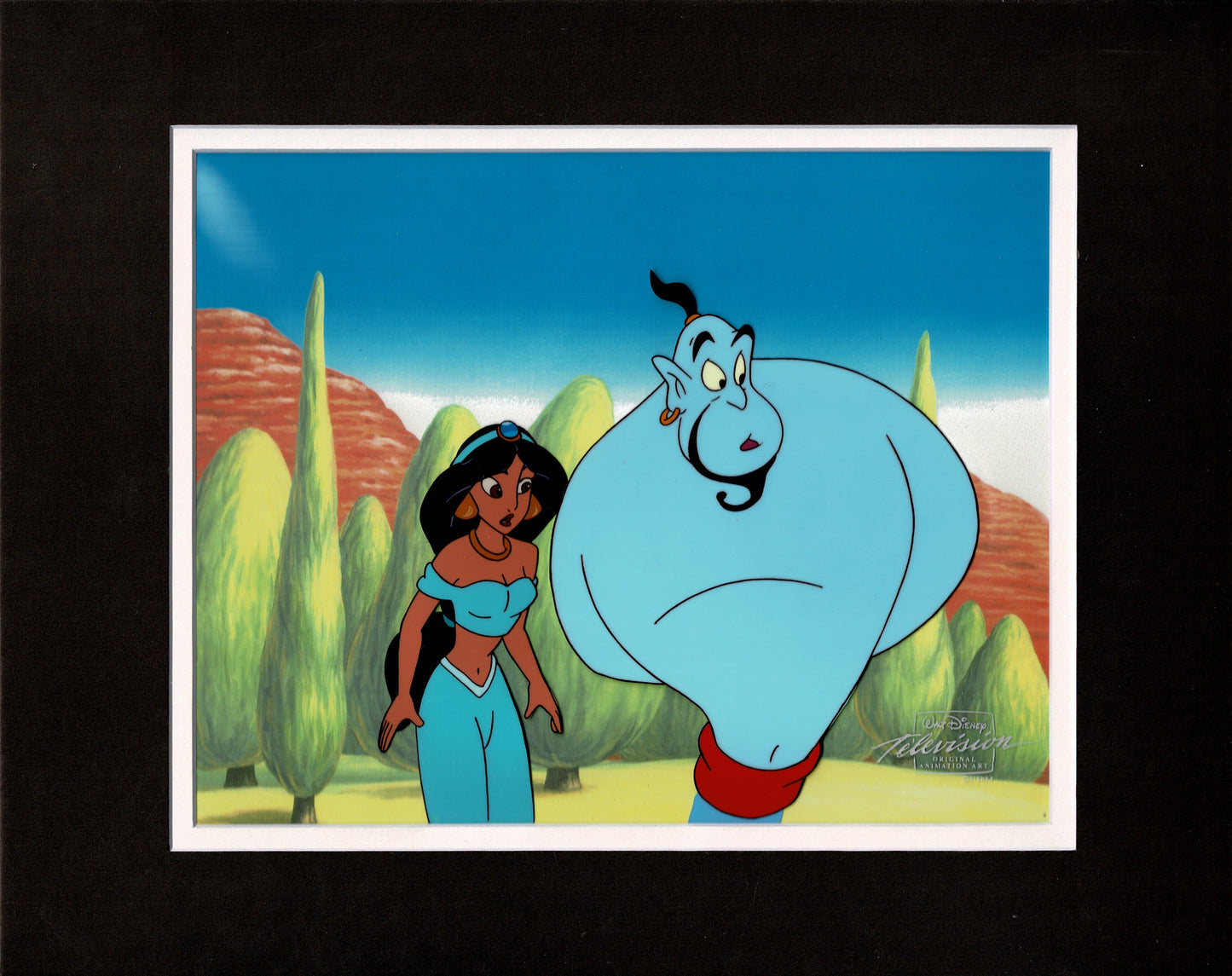 Aladdin The Genie and Jasmine Walt Disney Production Animation Cel and Drawings from 1994 Return of Jafar Framed 2 C-A