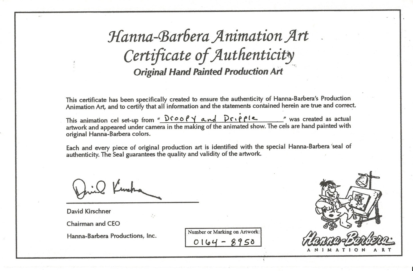 Droopy Dripple Production Animation Art Model Cel Singed by Bob Singer from Hanna Barbera 1990