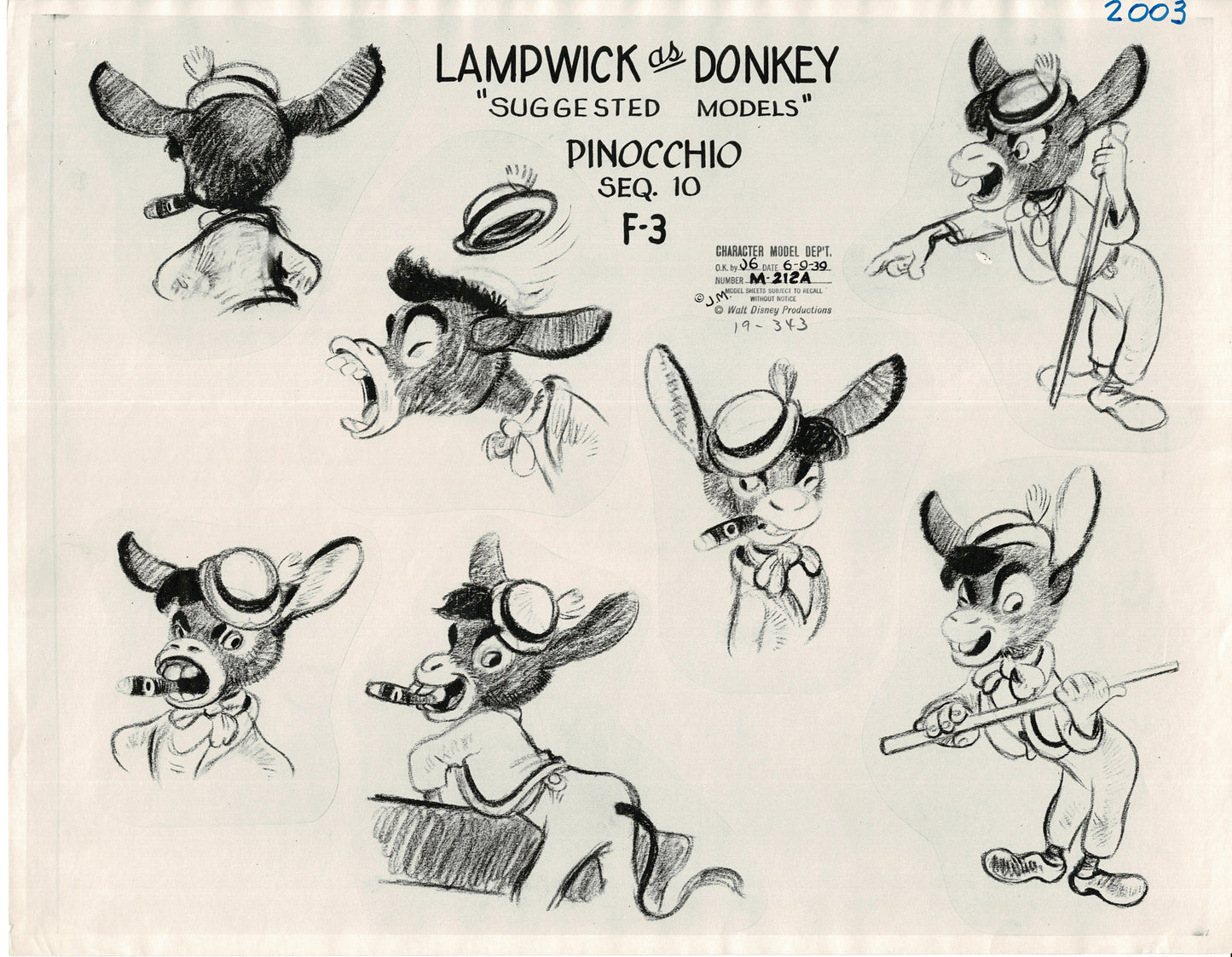 Pinocchio Walt Disney Litho Production Animation Model Sheet 1930s M1