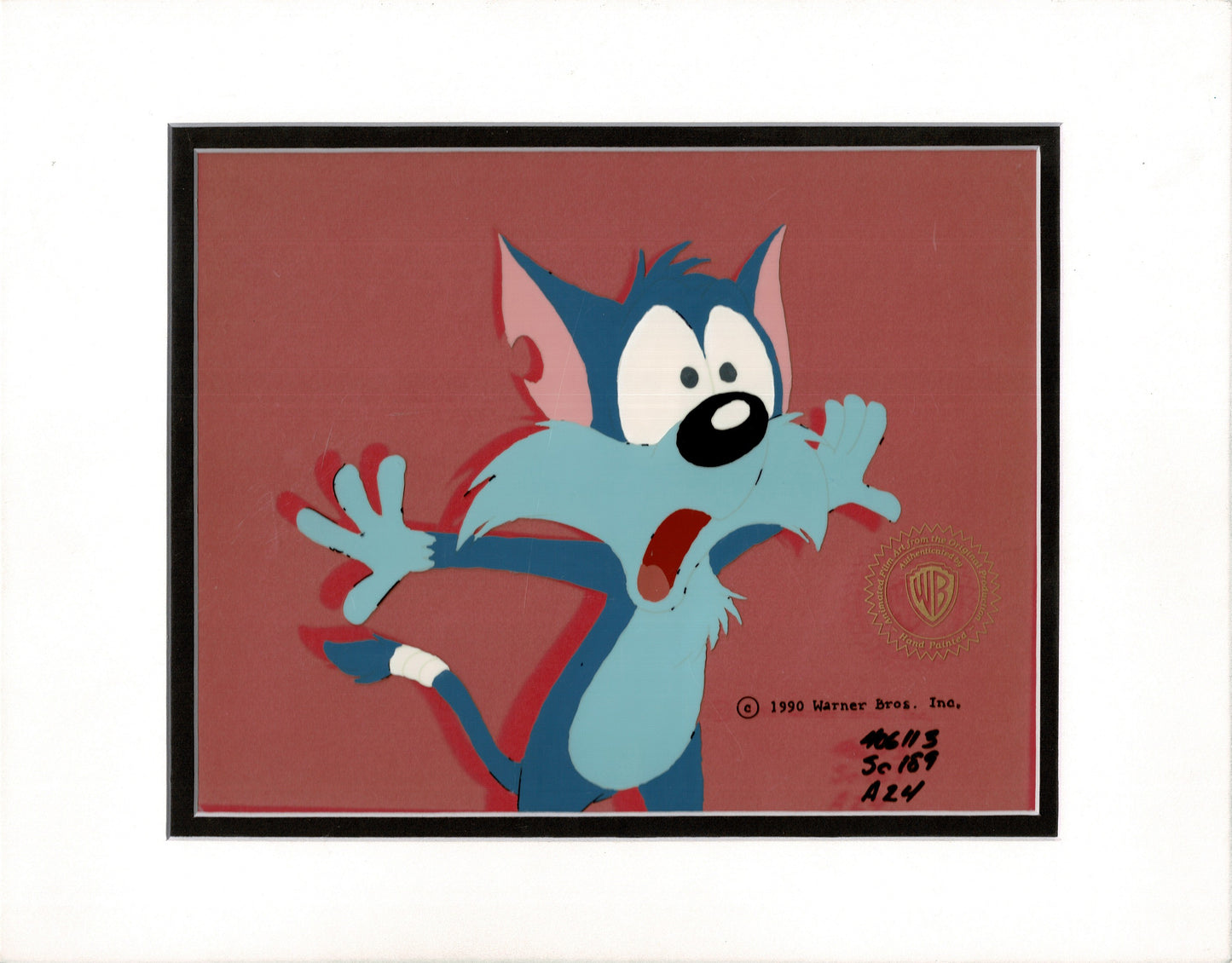 Tiny Toon Adventures Original Production Cel of Furrball and a 1992-3 Emmy Award Certificate for Kal Jacobs