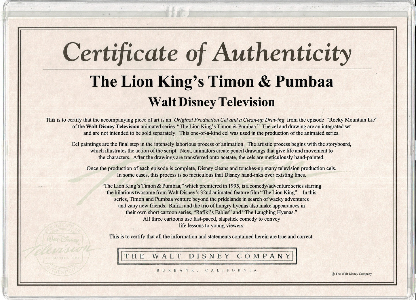 Lion King Timon and Pumbaa TV Cartoon Art Animation Cel and Drawing 1995-1999 C-DG