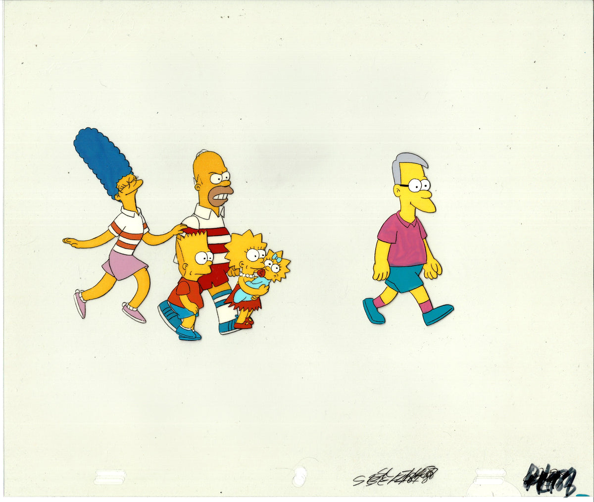 Simpsons Original Production Animation Cel Setup AND BACKGROUND - Homer, Bart, Marge, Maggie and Lisa - 1990
