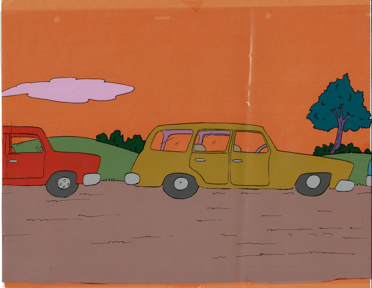 Simpsons Original Production Animation Cel Setup AND BACKGROUND - Homer, Bart, Marge, Maggie and Lisa - 1990