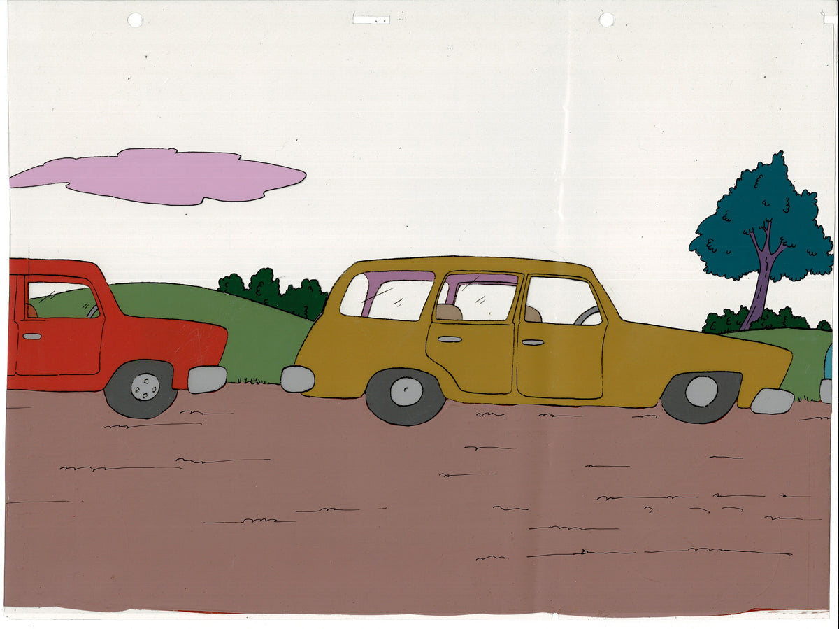 Simpsons Original Production Animation Cel Setup AND BACKGROUND - Homer, Bart, Marge, Maggie and Lisa - 1990