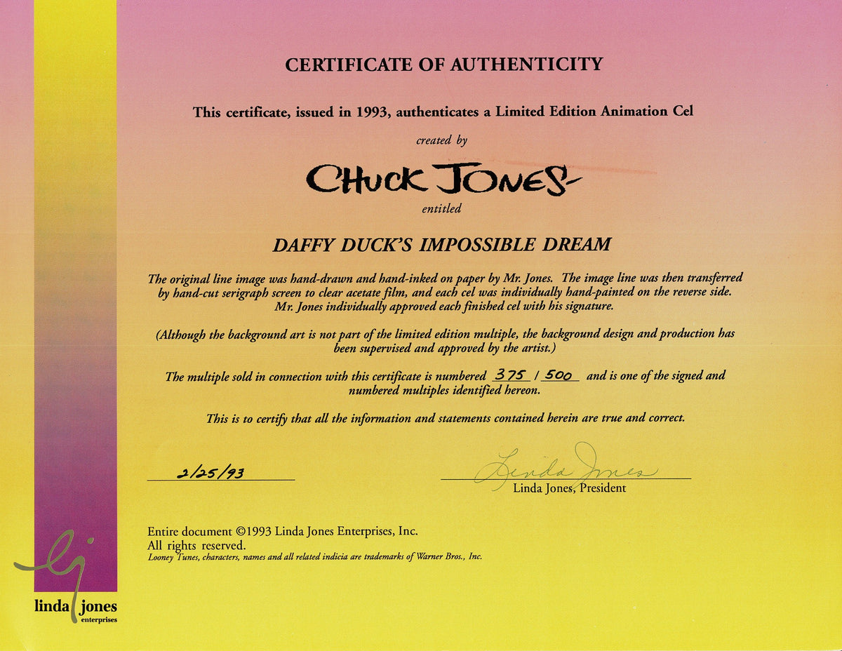 Daffy Duck Chuck Jones SIGNED Limited Edition Cel of 500 Looney Tunes Warner Brothers 1989 Matted OH