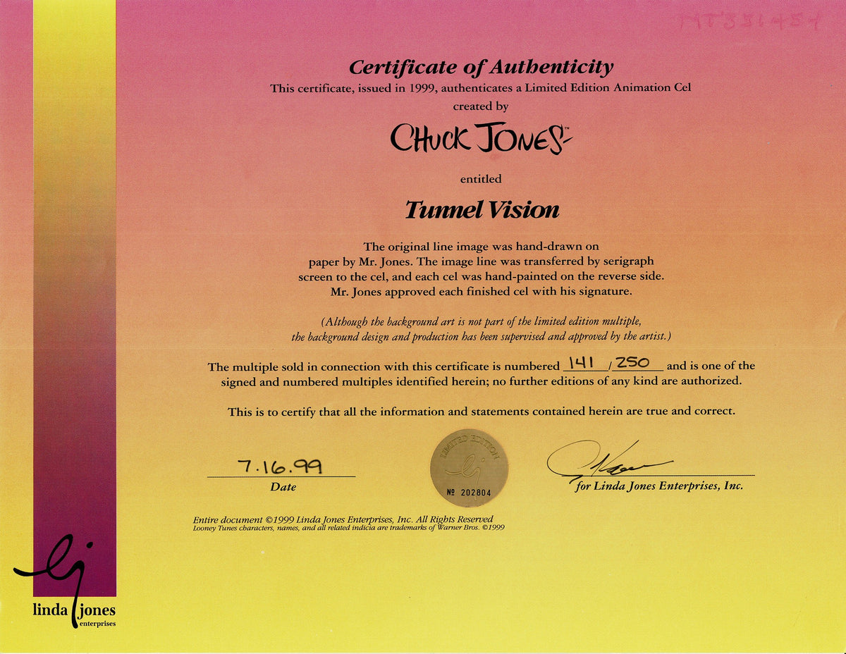 Chuck Jones SIGNED Wile E Coyote Tunnel Vision Limited Edition Cel of 250 Looney Tunes Warner Brothers 1999 OHC