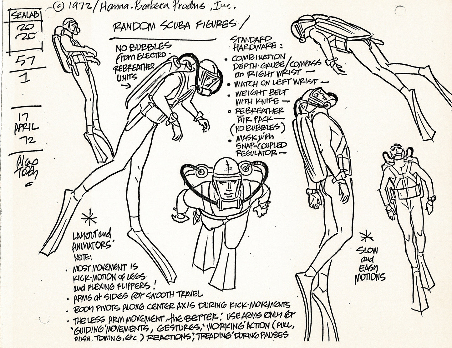 Sealab 2020 1972 Alex Toth Production Model Sheet Copy Lot of 69 Pages from Hanna Barbera