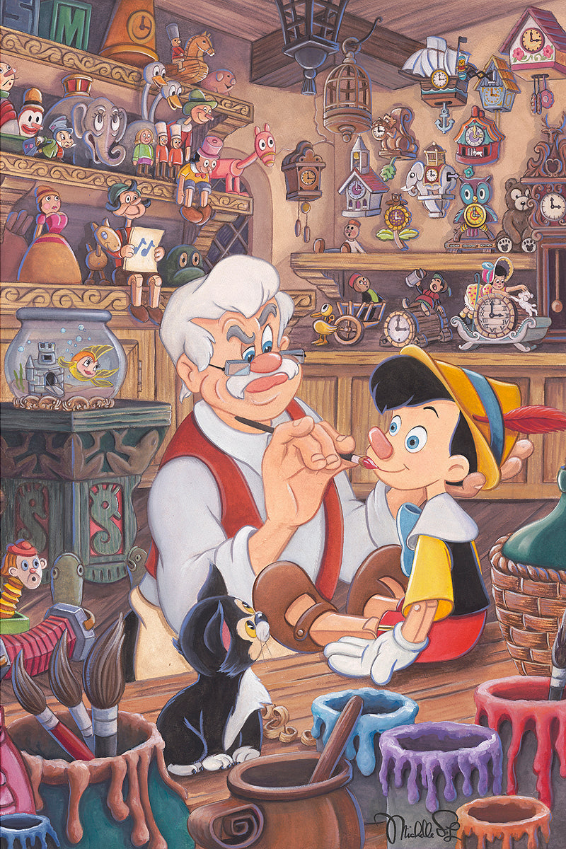 Pinocchio Walt Disney Fine Art Michelle St. Laurent Signed Limited Edition of 195 Print on Canvas - Geppetto's Workshop