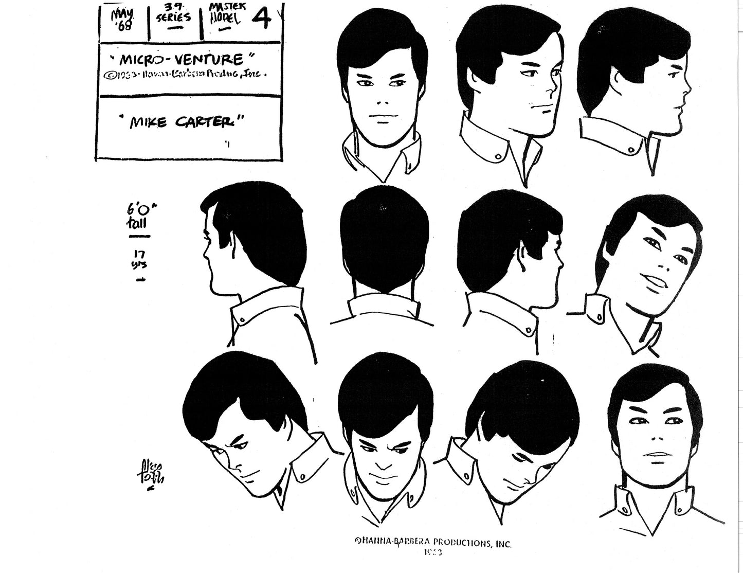 Alex Toth Micro-venture and Jabberjaw Model Sheet Copy Lot of 13 pages of the Cartoon by Hanna Barbera