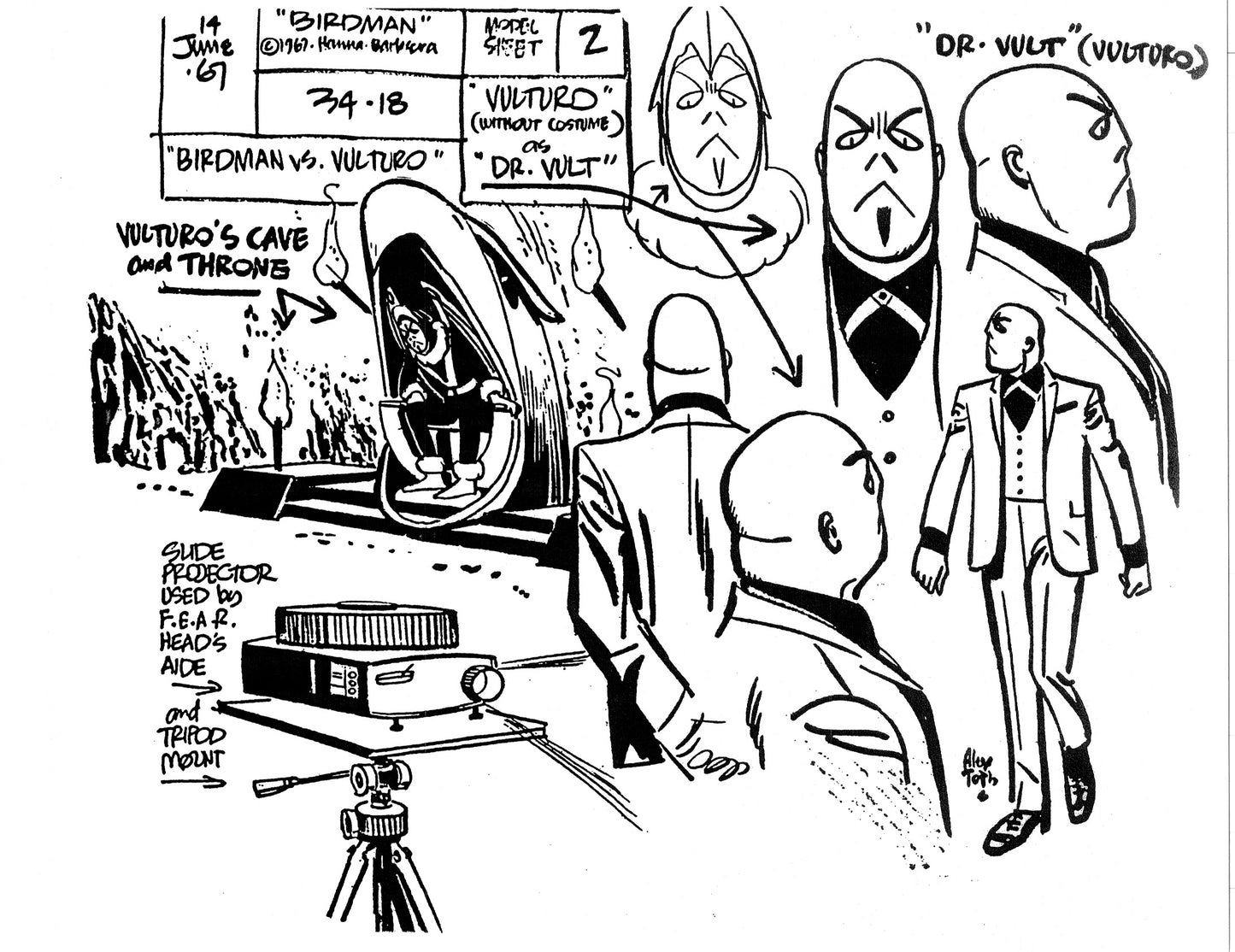 Alex Toth Birdman Model Sheet Copy Lot of 51 pages of 1967 Cartoon Hanna Barbera