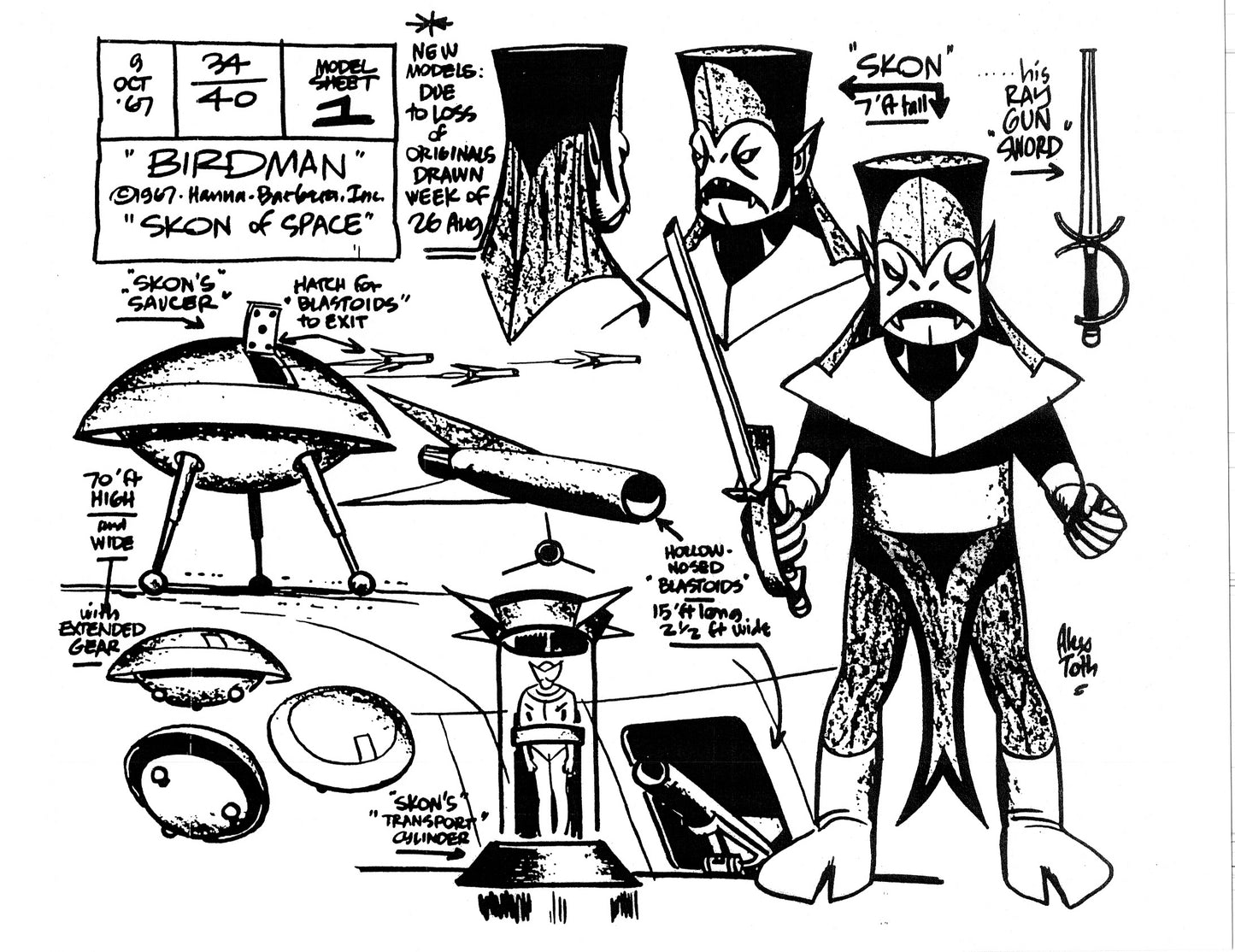 Alex Toth Birdman Model Sheet Copy Lot of 51 pages of 1967 Cartoon Hanna Barbera