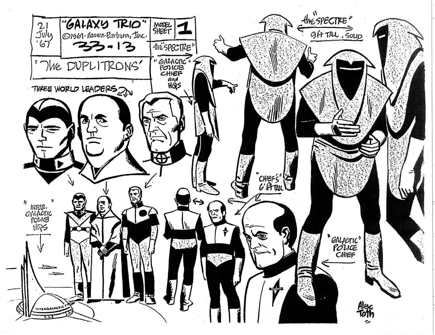 Alex Toth Galaxy Trio Model Sheet Copy Lot of 22 pages 1967 Cartoon Hanna Barbera