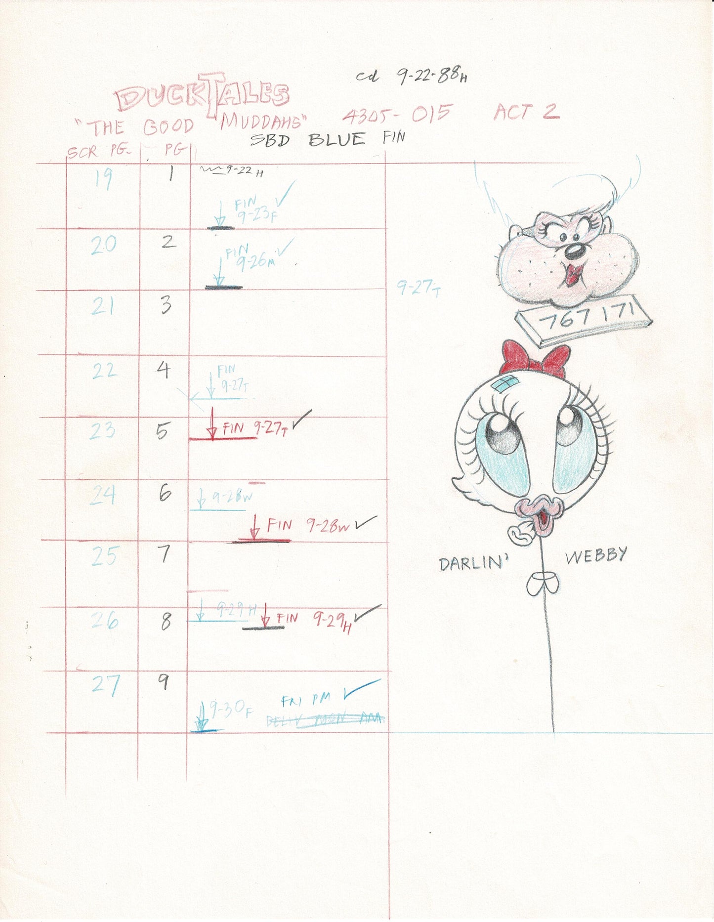 DUCKTALES Walt Disney Production Animation Drawing from Animator Wendell Washer's Estate 87-90 1