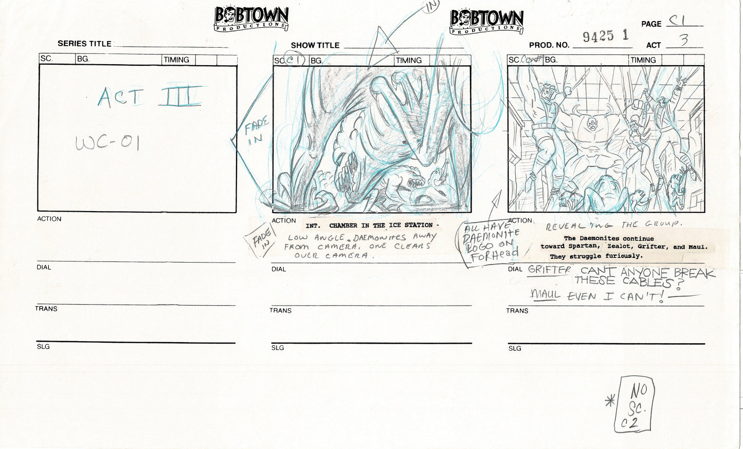 Jim Lee Wildc.a.t.s. Wildcats Lot of 3 Production Animation Storyboard Nelvana 1994-5 F3-01