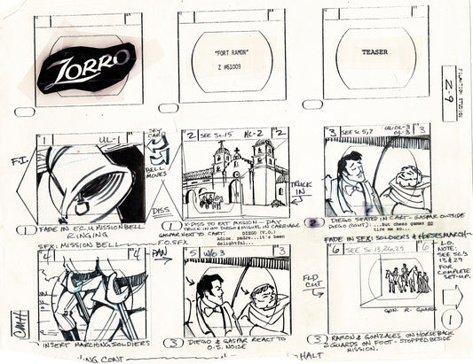 Zorro Storyboard Art Cartoon Page Vintage Animated Filmation 1981 B-001