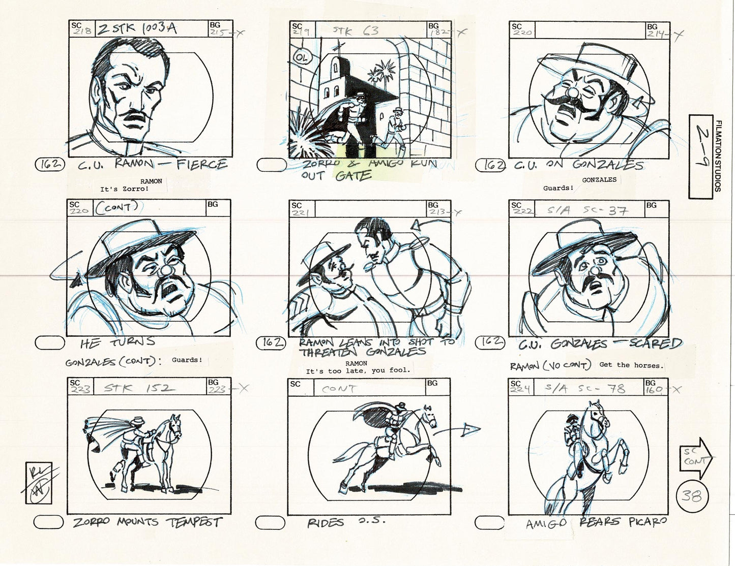 Zorro Storyboard Art Cartoon Page Vintage Animated Filmation 1981 B-014