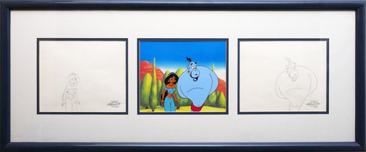 Aladdin The Genie and Jasmine Walt Disney Production Animation Cel and Drawings from 1994 Return of Jafar Framed 2 C-A