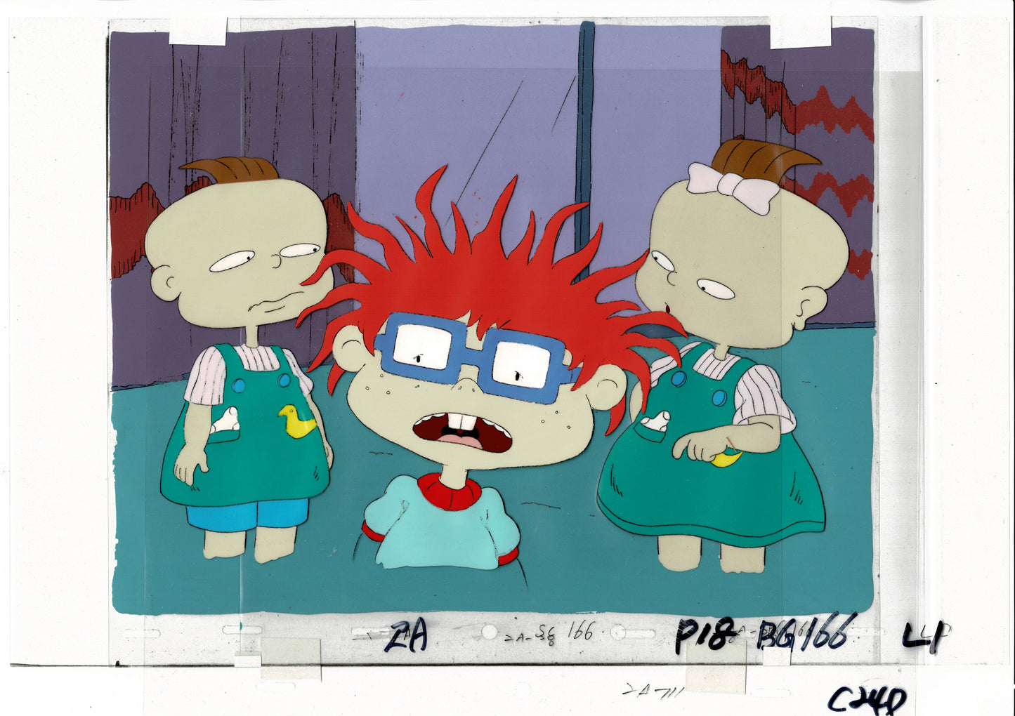 Rugrats Original Production Cel with OBG Original background and drawing! With Chuckie Finster and Phil and Lil DeVille Nickelodeon 1993