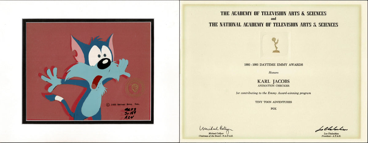 Tiny Toon Adventures Original Production Cel of Furrball and a 1992-3 Emmy Award Certificate for Kal Jacobs
