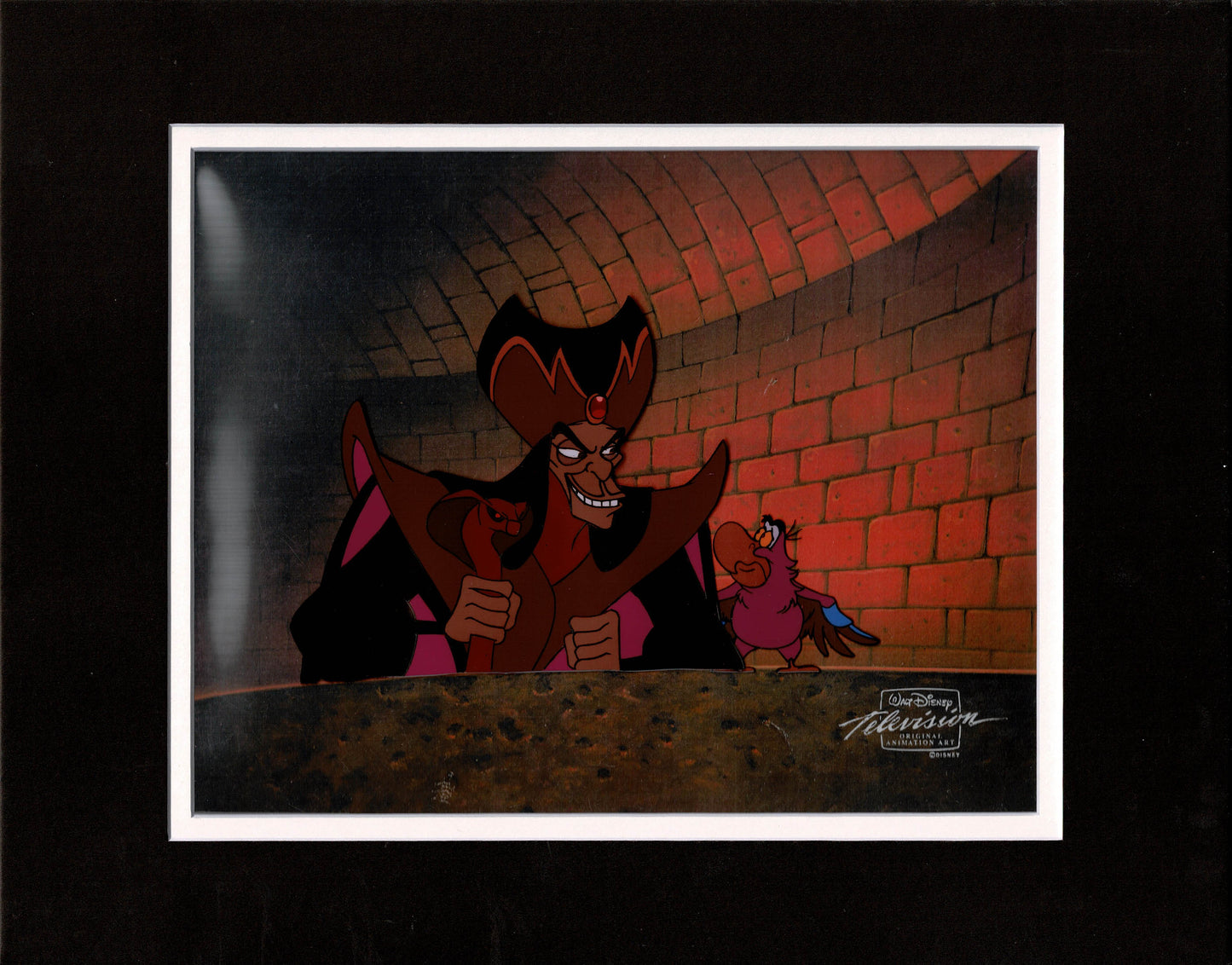 Aladdin Jafar and Iago Walt Disney Cartoon Production Animation Cel and Drawing from 1994 Return of Jafar Matted 14 C-A