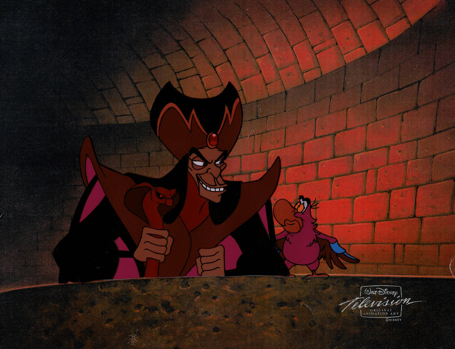 Aladdin Jafar and Iago Walt Disney Cartoon Production Animation Cel and Drawing from 1994 Return of Jafar Matted 14 C-A